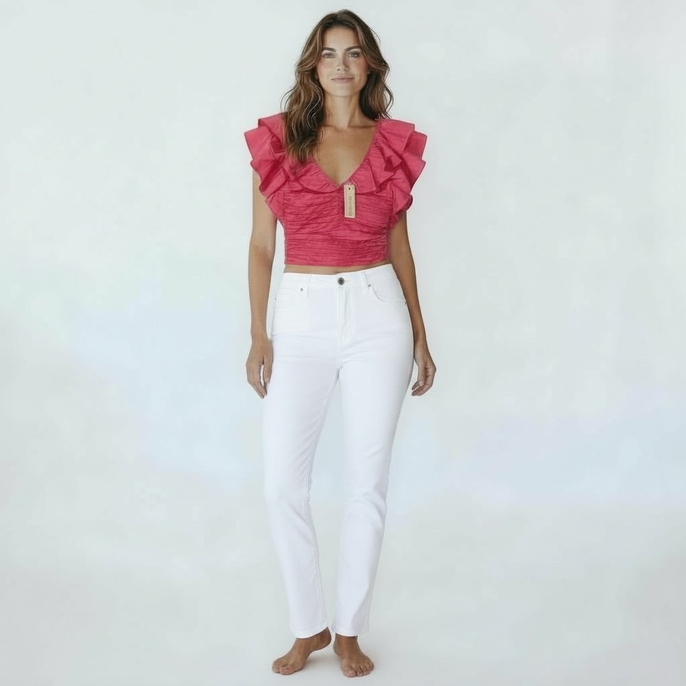 Love the Label hot pink ruffled short sleeve top with smocked bodice.